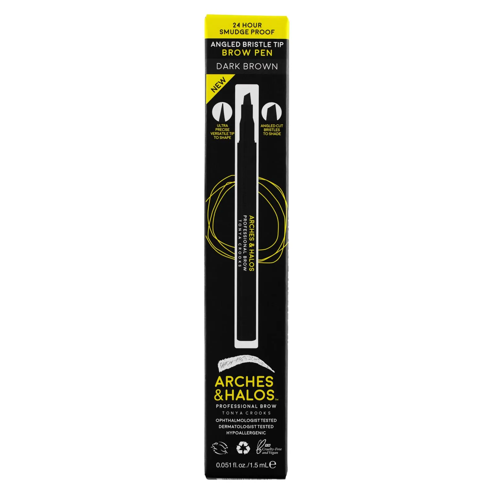 Arches & Halos Angled Bristle Tip Waterproof Brow Pen - Water Based And Smudge Proof - Fills In Sparse Eyebrows And Gives Fuller Effect - Covers Scars Or Overplucked Brows - Dark Brown - 0.051 Oz