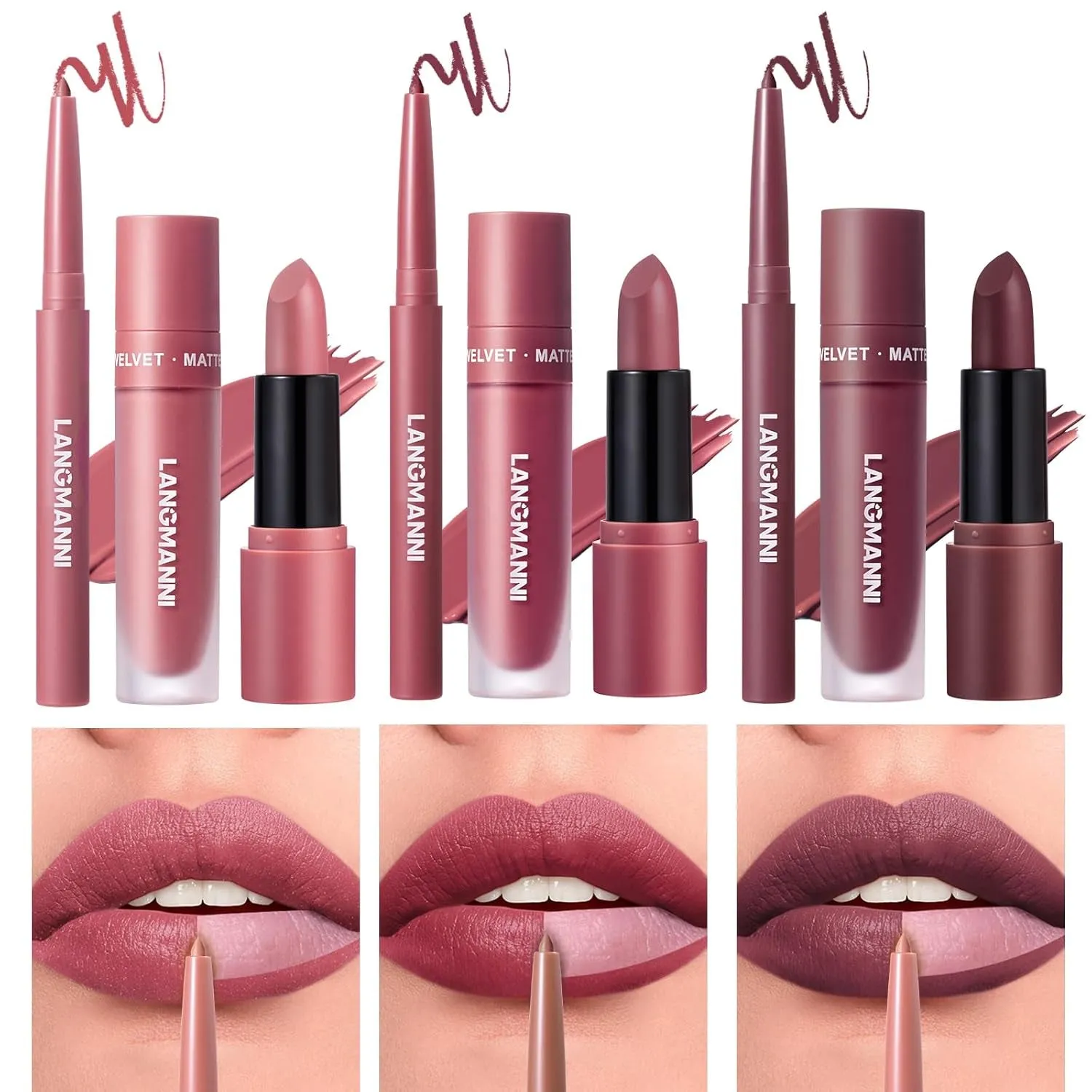 Matte Velvet Lipstick & Liner Set: 9-Piece Waterproof Lip Makeup Gift Collection