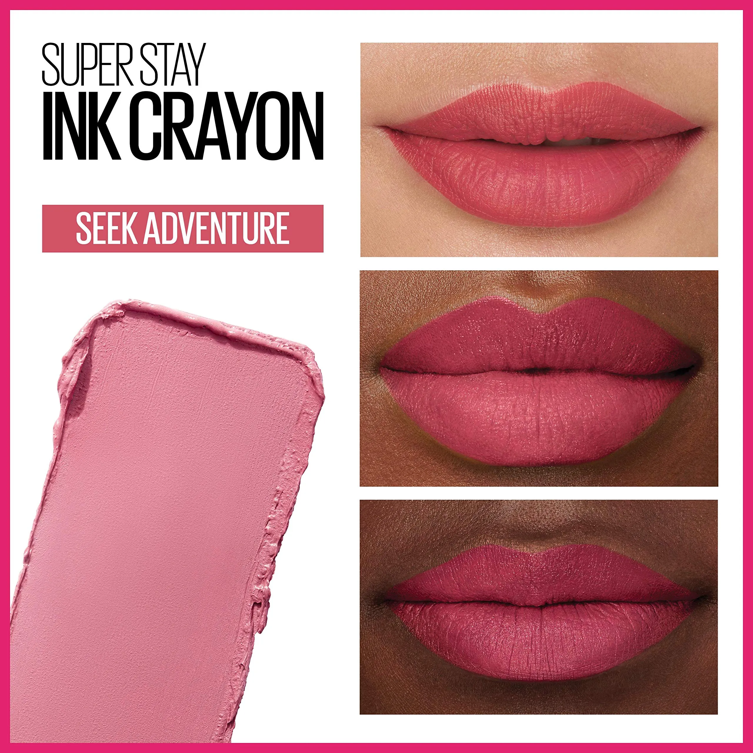 Maybelline Super Stay Ink Crayon Lipstick, Precision Tip Matte Lip Crayon with Built-in Sharpener, Longwear Up To 8Hrs, Seek Adventure, Warm Pink, 0.04 oz