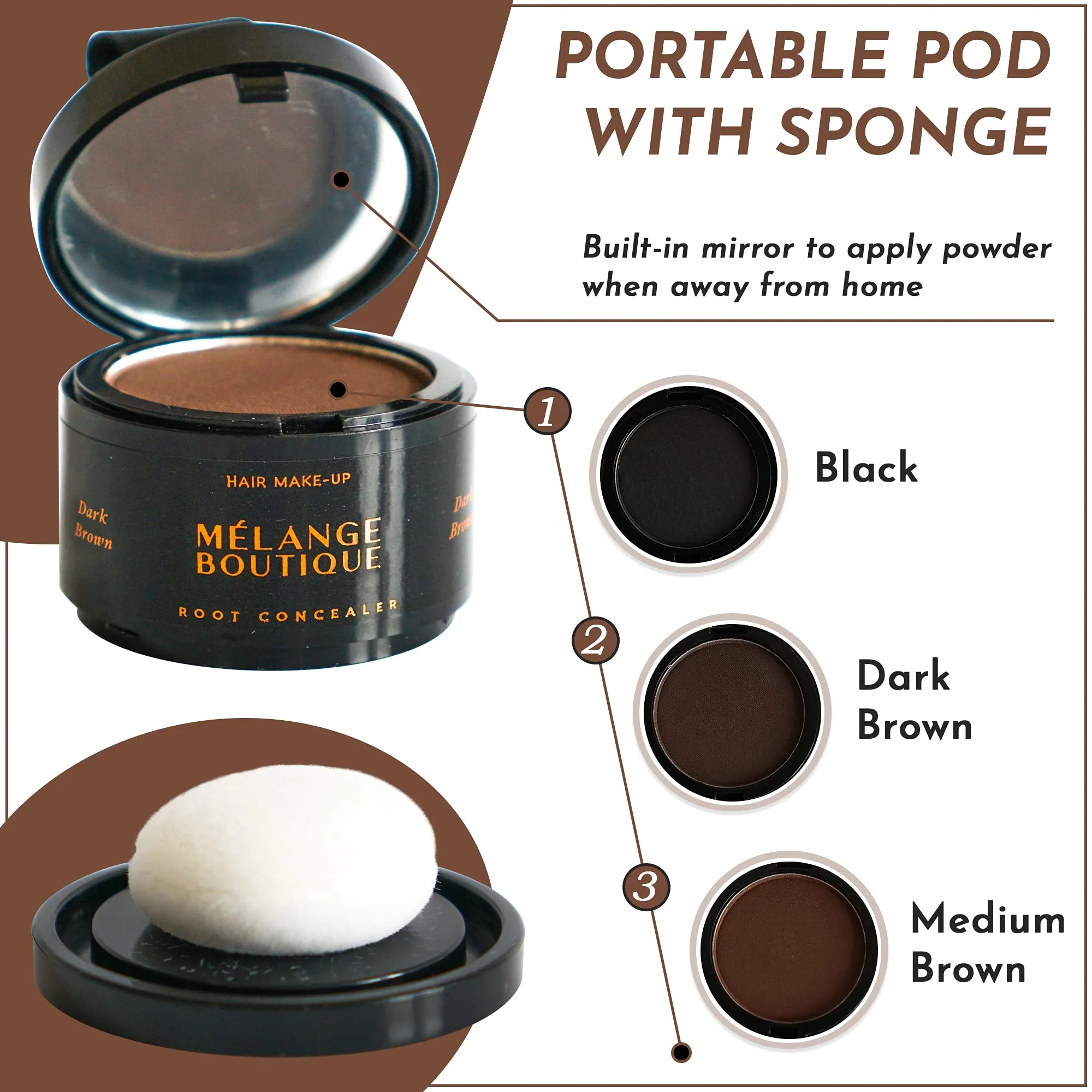 Melange Boutique Root Touch Up Hair Powder Concealer Pod Medium Brown - Tinted Instant Root Cover Hair Makeup to Conceal Gray Hair, Blur Growth, 0.14 Ounce (Pack of 1)
